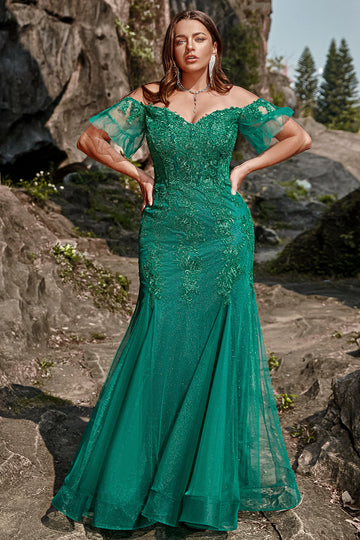 Sirène de l’épaule Robe de soirée vert foncé Plus Taille avec appliques